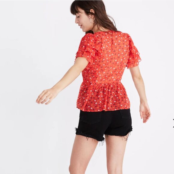 Madewell Red Tiered Sleeve Peplum Top Metallic Prairie Posies Ruffle 00 - Picture 2 of 10